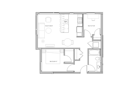 rectangular floor plan of a home with a bedroom and a living room